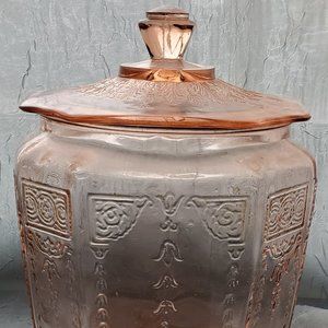 Vintage Pink Depression Glass 'Princess Pattern' Biscuit Cookie Lidded Jar - RAR